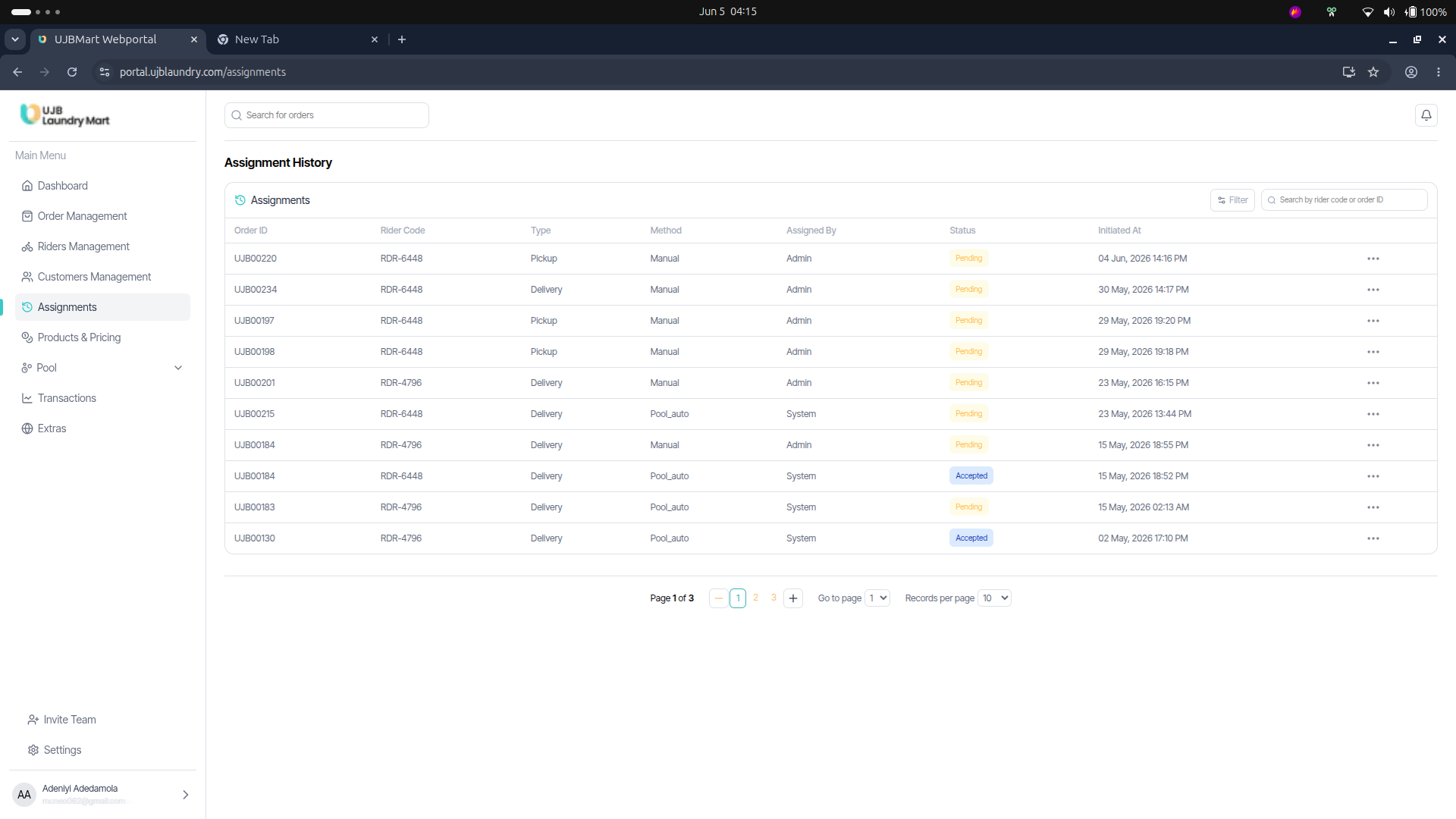 User portal screenshot