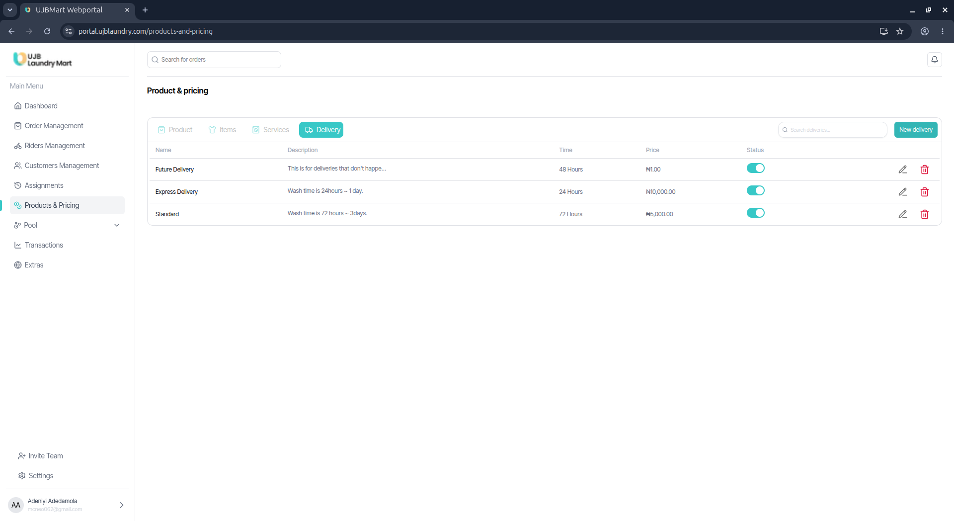 User portal screenshot