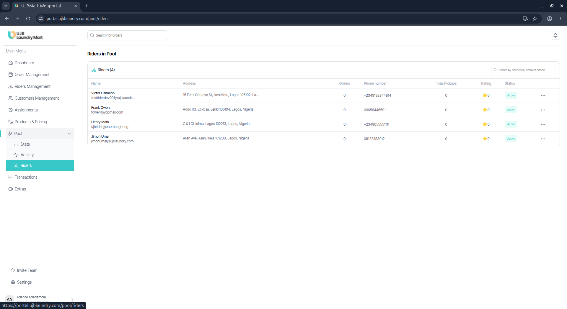 User portal screenshot
