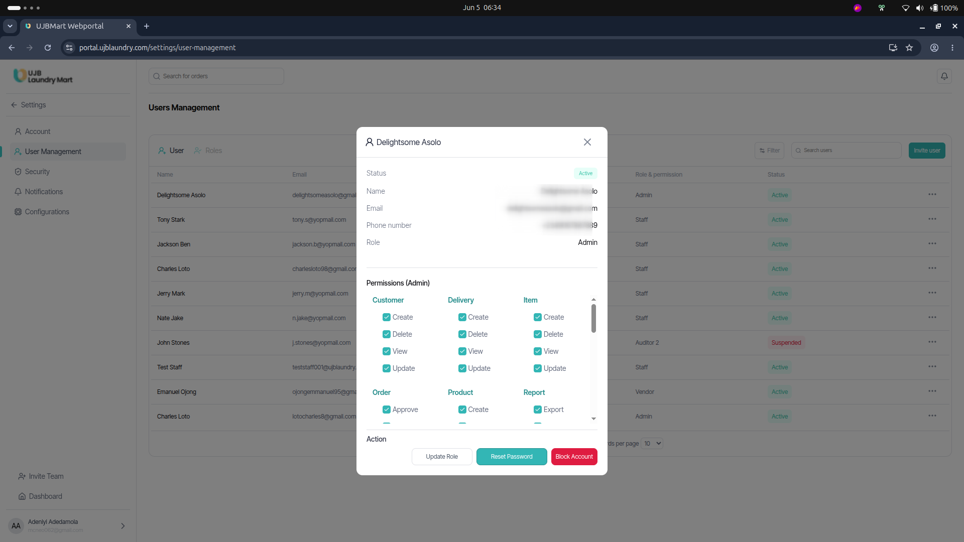 User portal screenshot