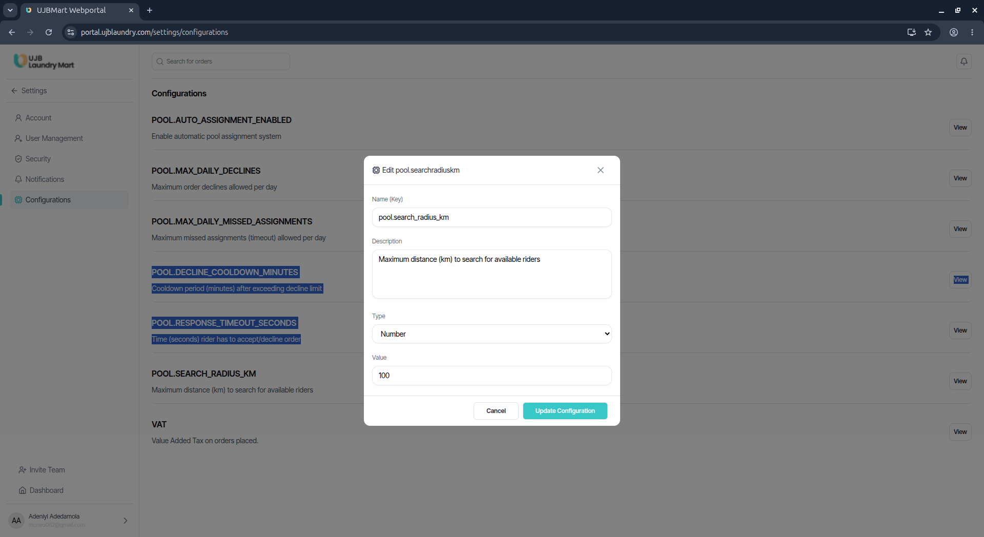User portal screenshot