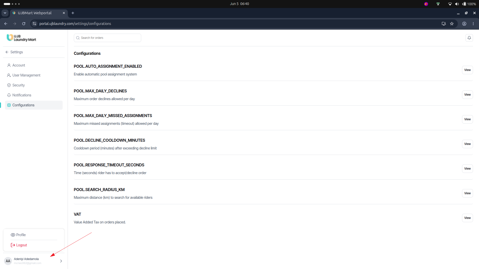 User portal screenshot