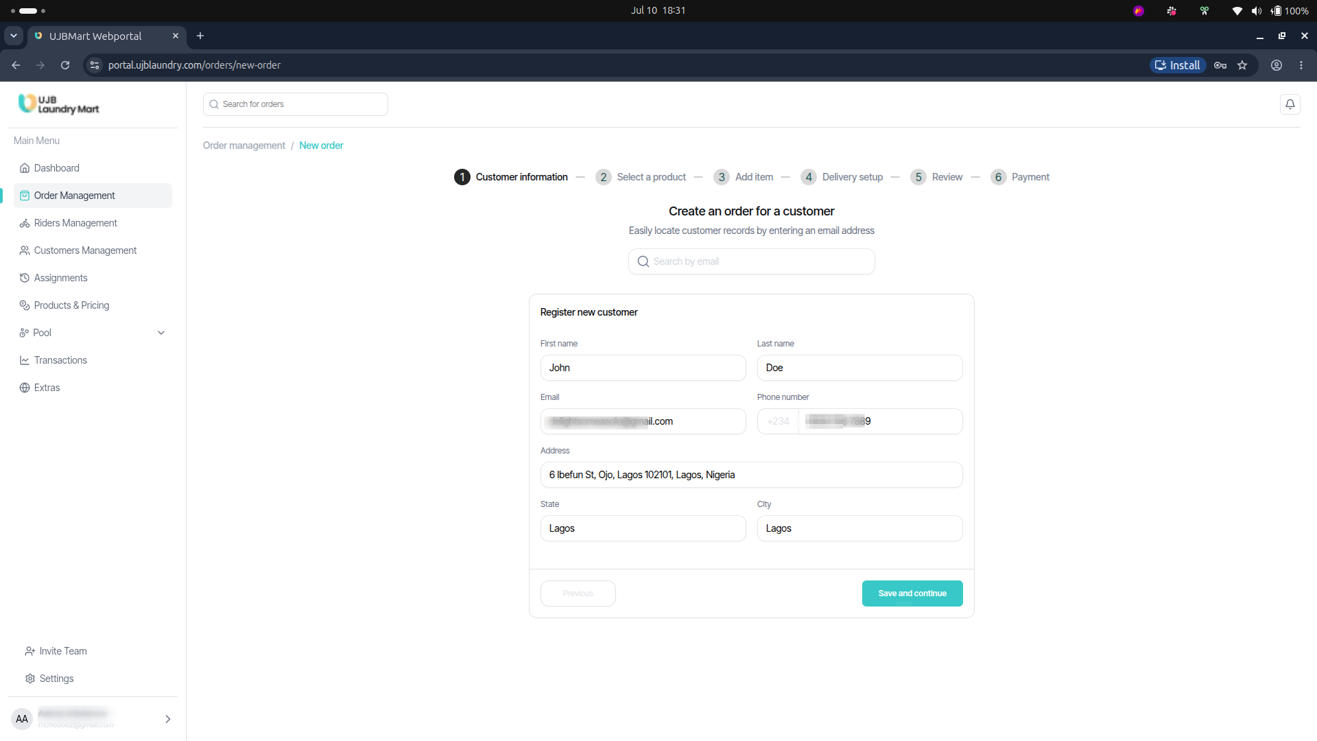 User portal screenshot