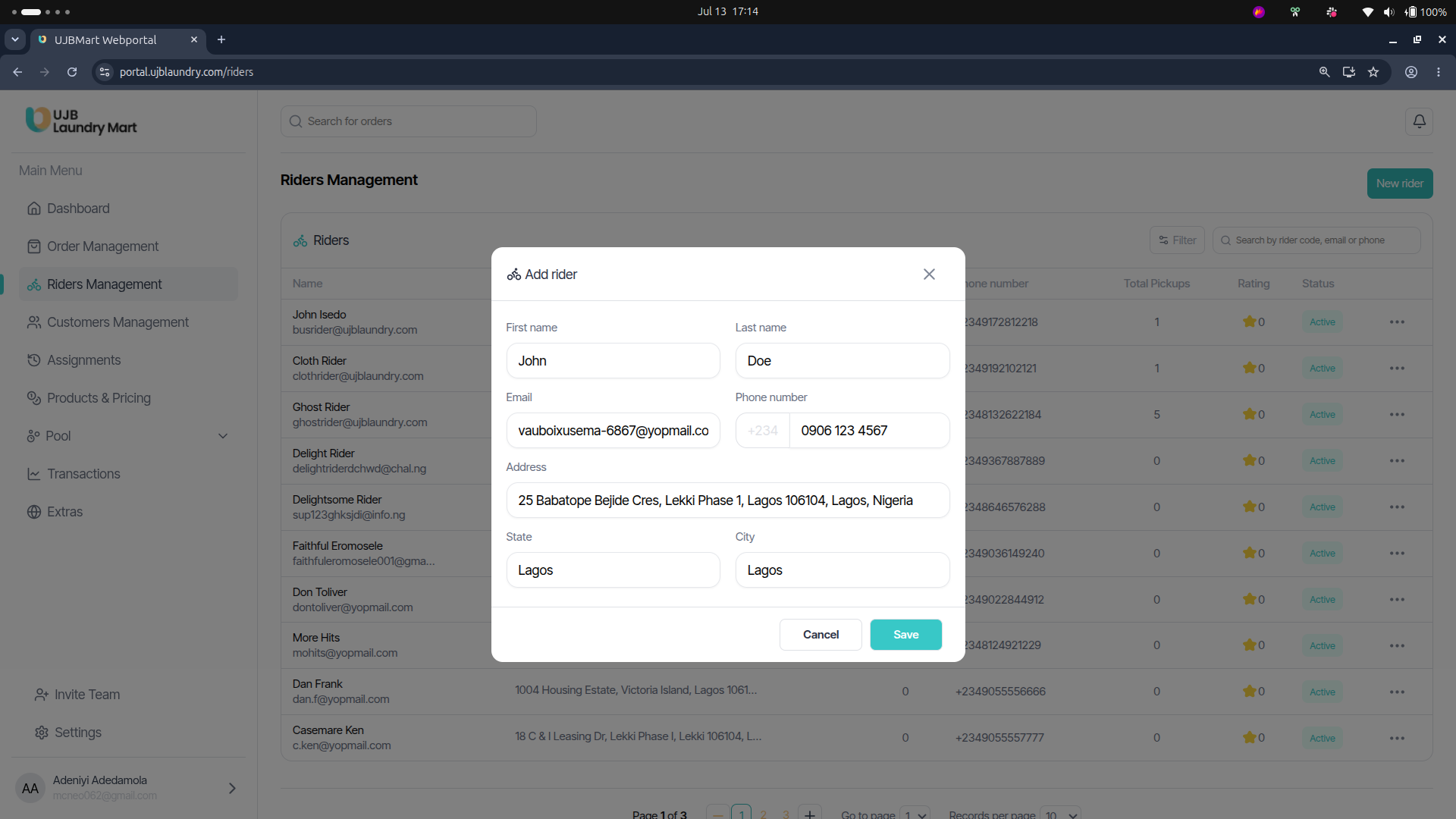 User portal screenshot
