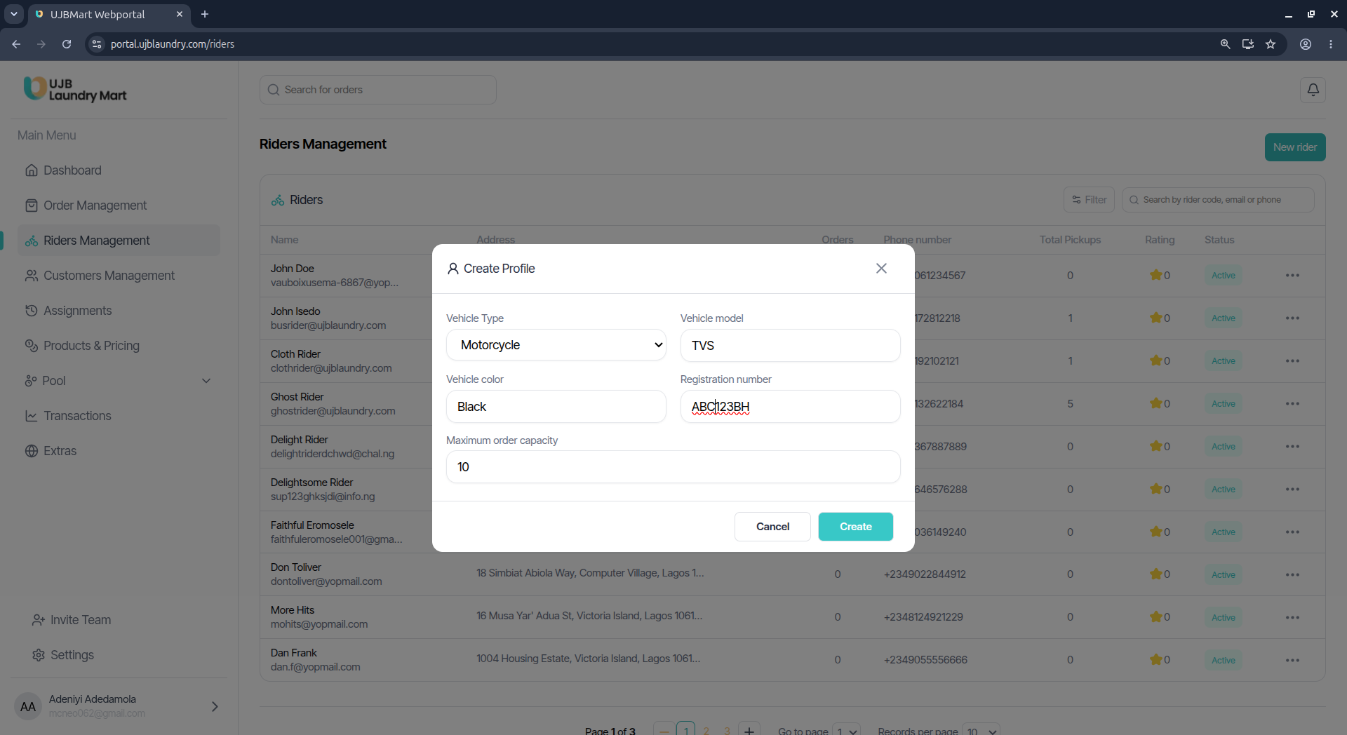User portal screenshot