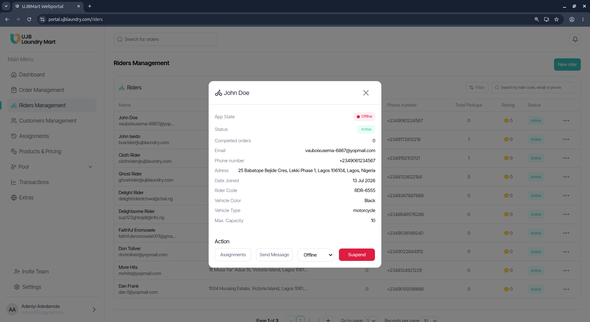 User portal screenshot