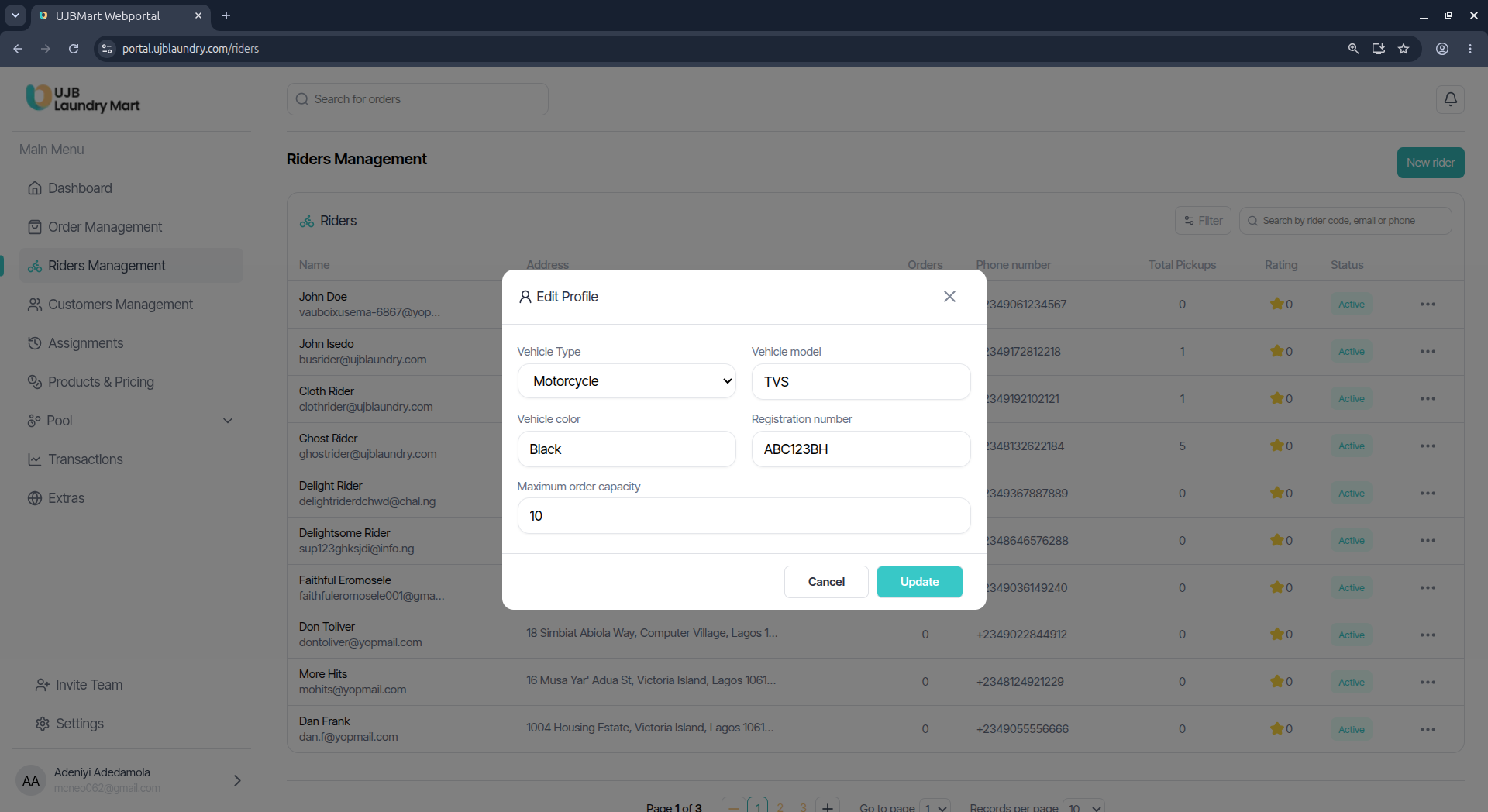 User portal screenshot