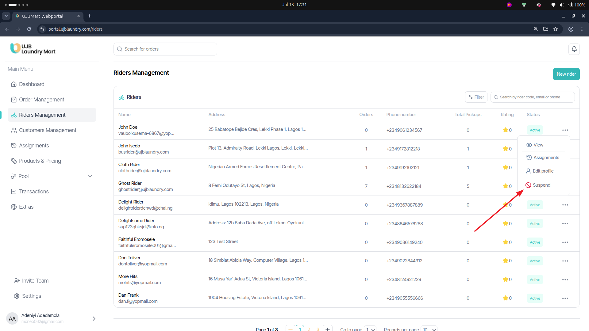 User portal screenshot
