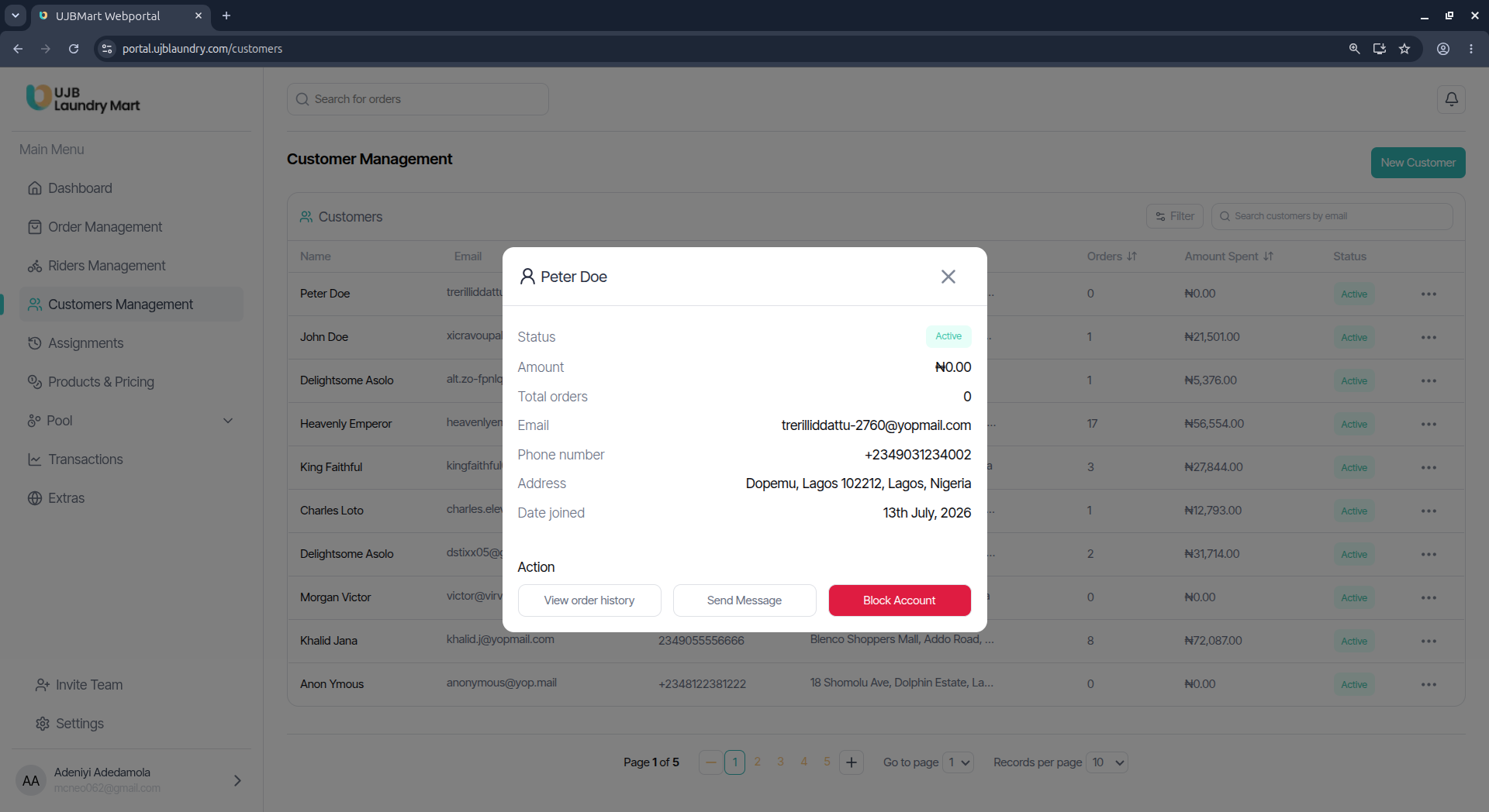 User portal screenshot