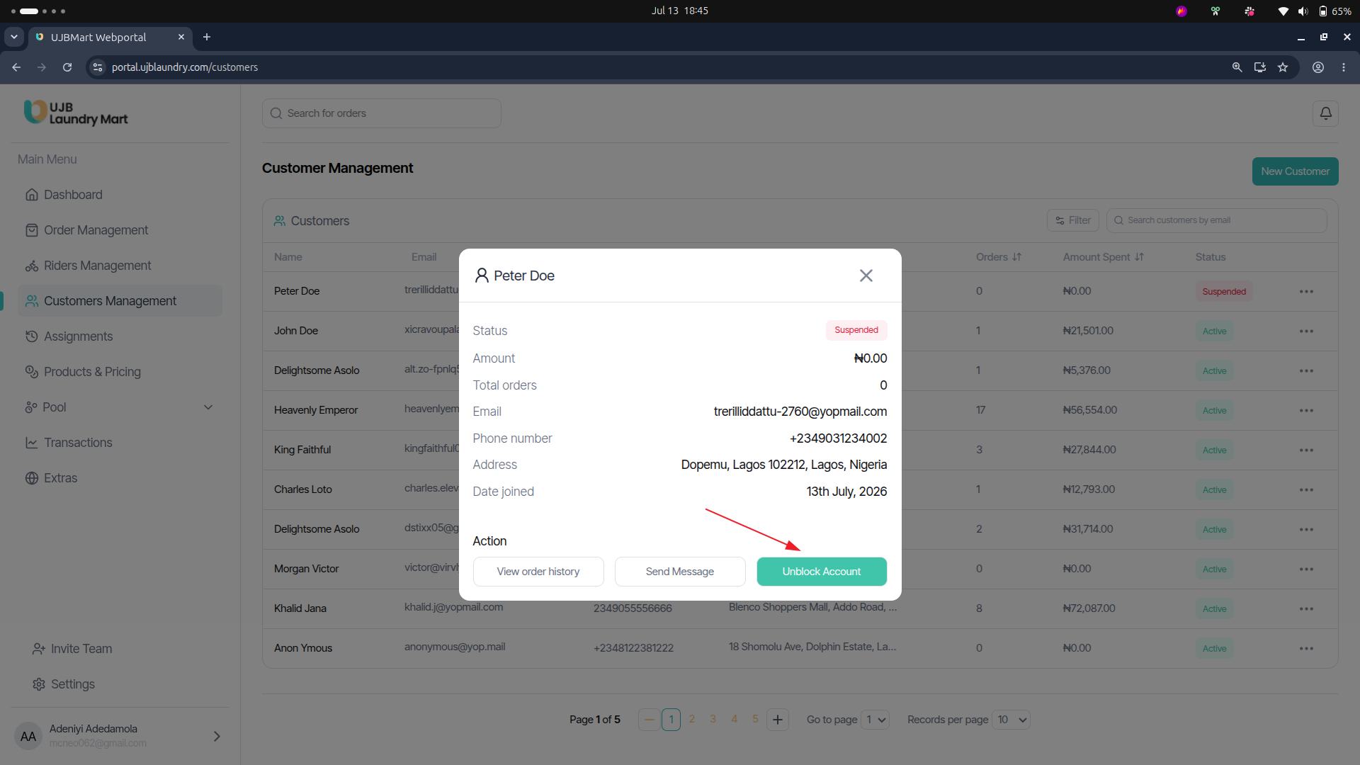 User portal screenshot